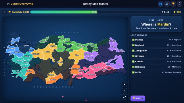 Turkey Map Master: finding a province on the map of Turkey