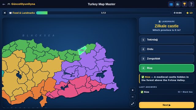Turkey Map Master: food and landmark question with a fact note