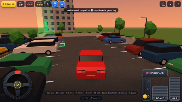 Car Parking 3D: chase camera approaching the green parking bay