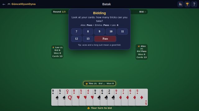 Batak bidding screen