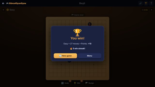 Five in a Row you win screen