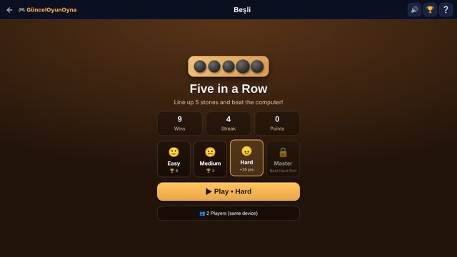 Five in a Row difficulty menu