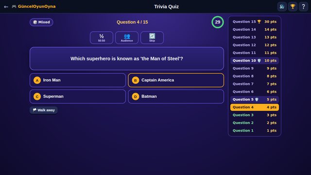 Trivia Quiz question screen with the ladder