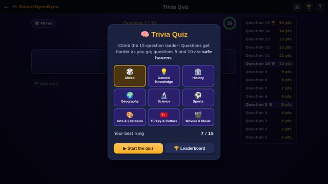Trivia Quiz category selection