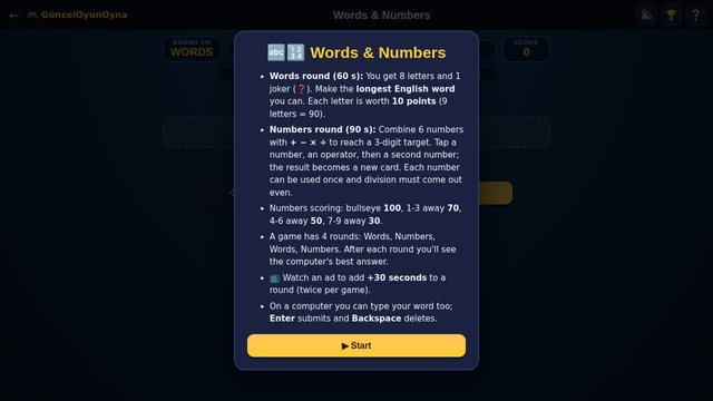 Words & Numbers letters round