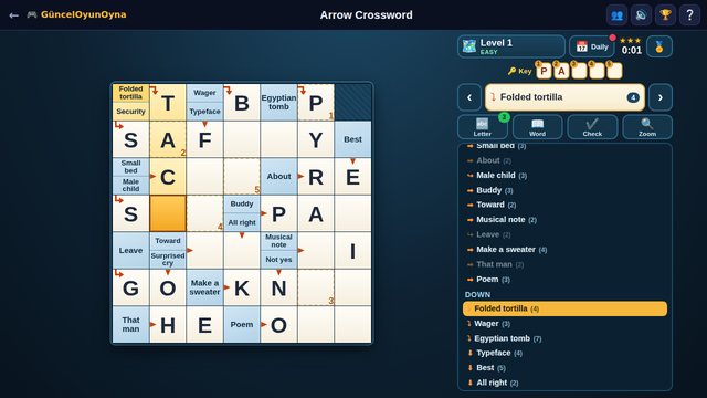 Arrow Crossword easy level with clue squares and arrows