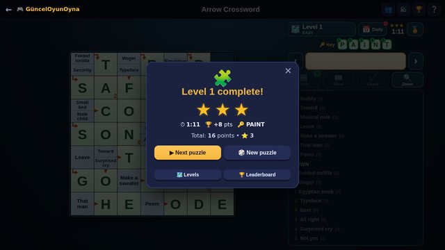 Arrow Crossword level complete with 3 stars and the key word