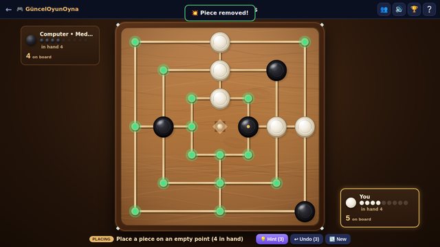Nine Men's Morris placing phase on a wooden board