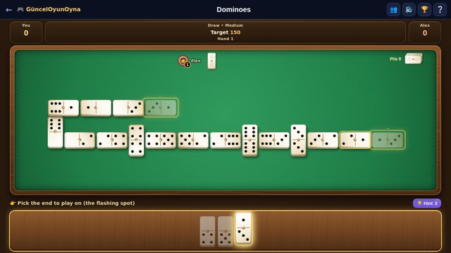 Dominoes table with a snaking line of tiles and end choice