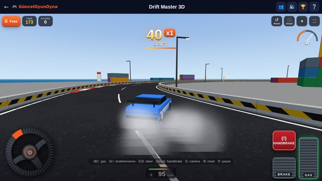 Drift Master 3D: drifting through tyre smoke with a combo score on the Harbour track