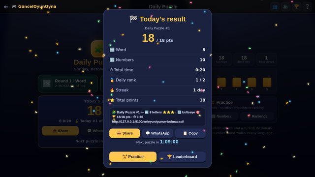 Daily Puzzle results, streak and share card