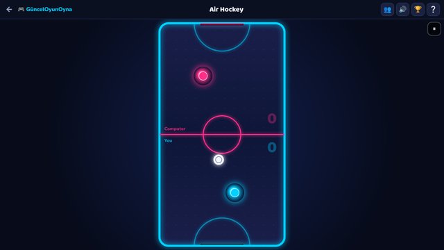 Air Hockey: puck and mallets on a neon table