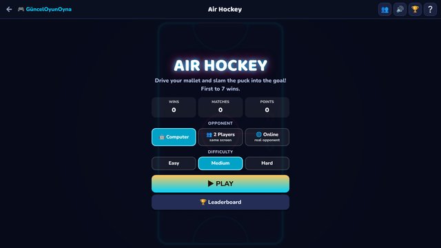 Air Hockey: the game menu