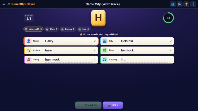 Name City: the letter card and category boxes