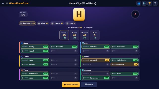 Name City: round results with unique and shared answers