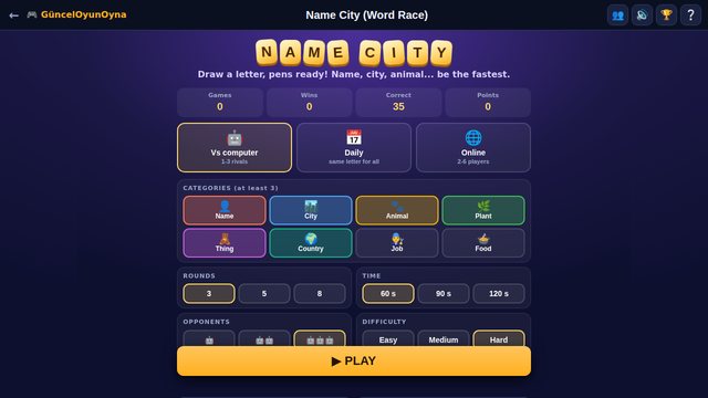 Name City: game menu and category picker