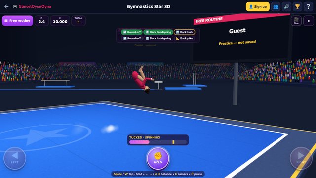 Gymnastics Star 3D: a back tuck on the floor exercise mat in a packed arena