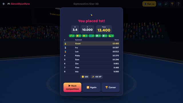 Gymnastics Star 3D: the scoreboard and D + E score in a career competition