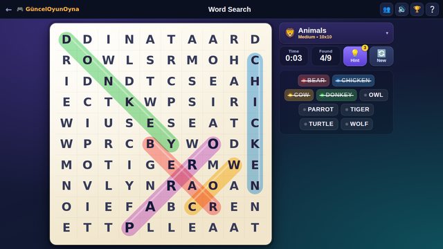 Word Search animals puzzle with highlighted words