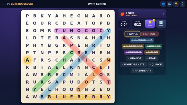 Word Search hard 12x12 grid with a glowing hint letter