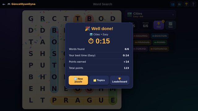 Word Search puzzle complete with time and points earned