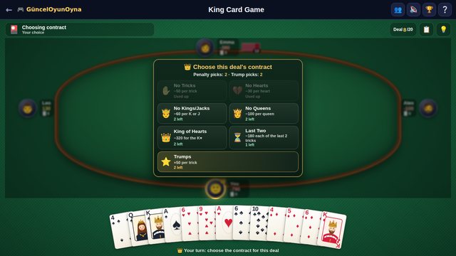 King card game: the contract window with remaining penalty and trump picks
