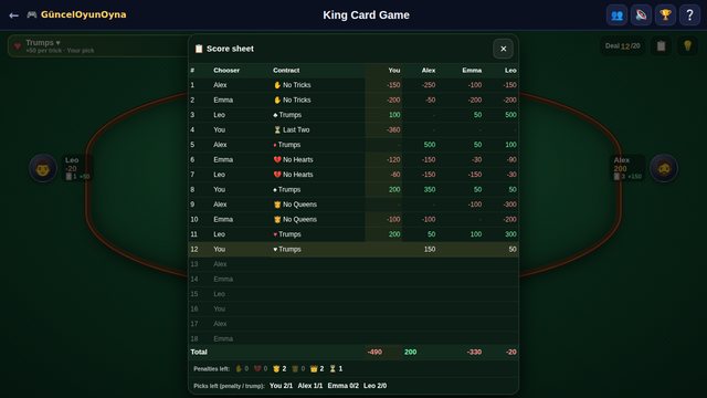 King card game: the 20-deal score sheet