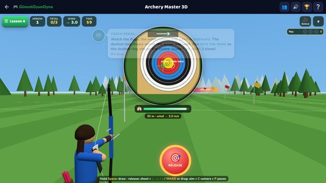 Archery Master 3D: aiming through the scope with the breath bar and wind indicator