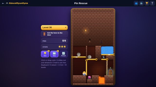 Pin Rescue volcano level with rocks, a bomb, water and lava