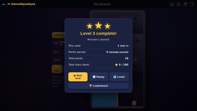 Pin Rescue level complete with three stars