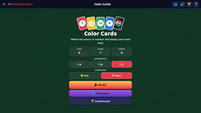 Color Cards: the game menu
