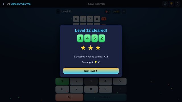 Number Guess level cleared with stars