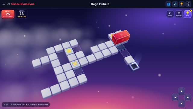 Rage Cube 3 block rolling puzzle on a floating tile platform with the exit hole