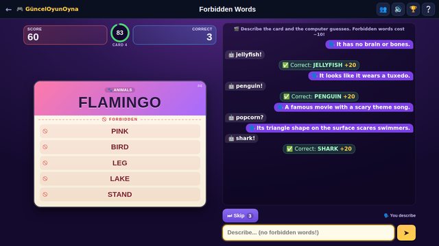 Forbidden Words: the describer's card with five forbidden words