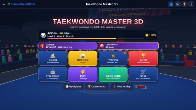 Taekwondo Master 3D: main menu with daily gift, quests, career and online match