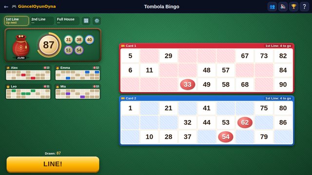 Tombola Bingo: the bag, the drawn token and the cards on a felt table