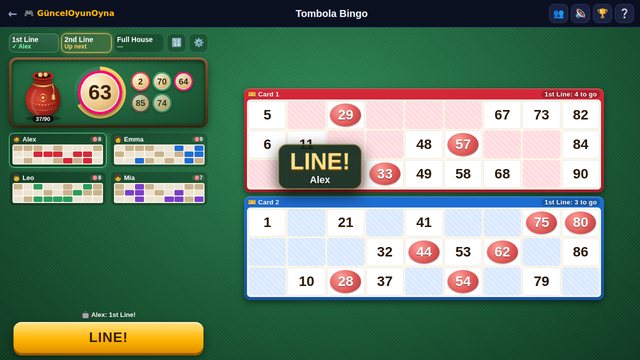 Tombola Bingo: a line is called and opponents' cards