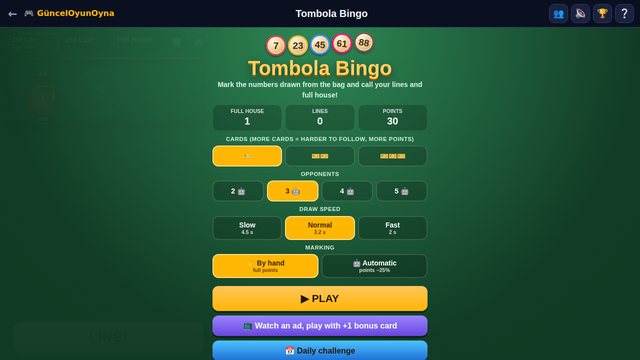 Tombola Bingo: game menu and settings