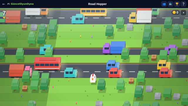 Road Hopper chicken crossing a road between buses and cars