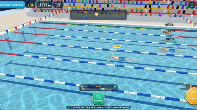 Swim Champion 3D: breaststroke race in a six-lane Olympic pool with the rhythm bar and standings