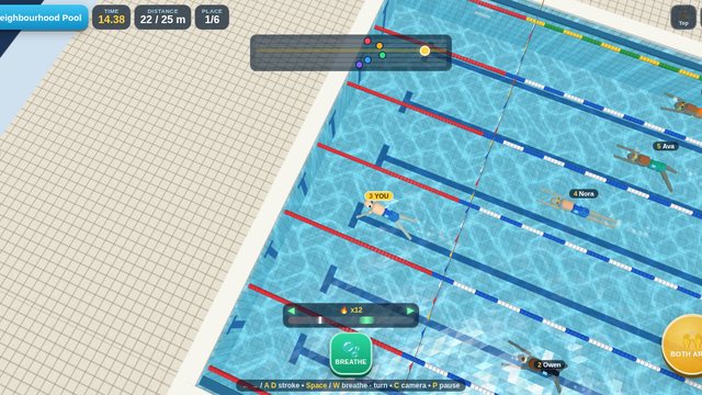 Swim Champion 3D: top camera view of the pool and rival swimmers