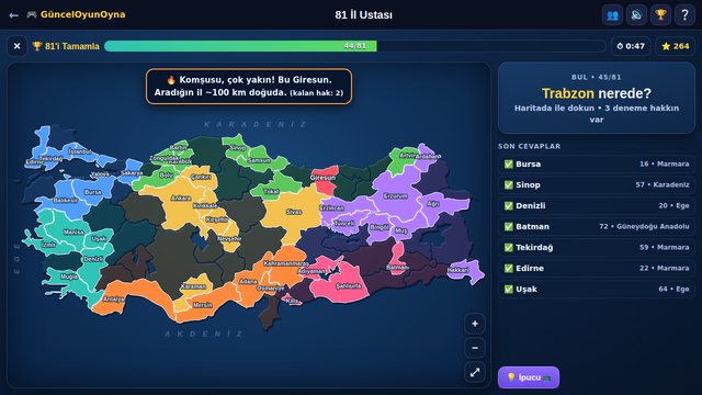 81 İl Ustası Türkiye haritasında il bulma ekranı