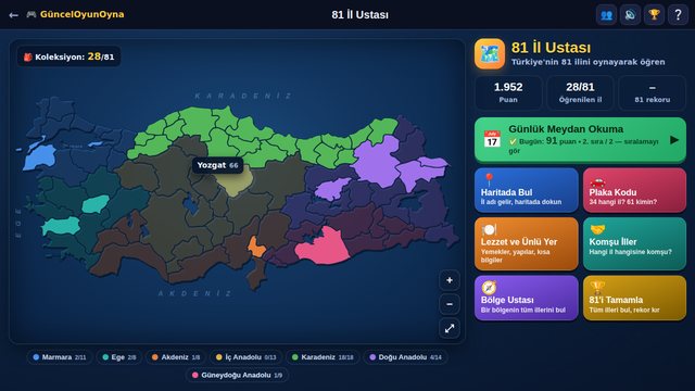 81 İl Ustası bölge renkli koleksiyon haritası ve oyun modları