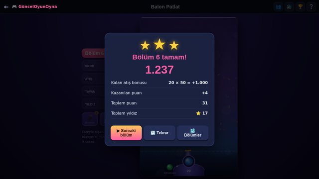 Balon Patlat bölüm tamamlandı, üç yıldız