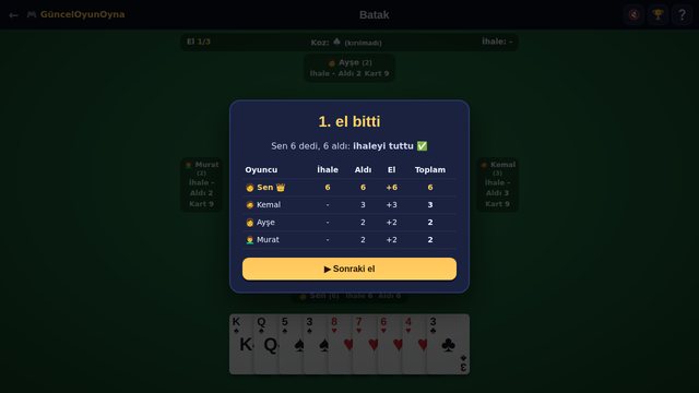 Batak el sonu puan tablosu