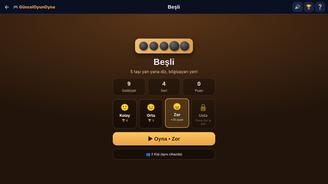 Beşli zorluk seçimi menüsü