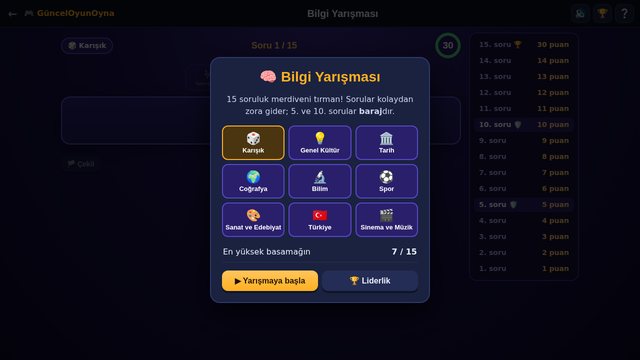 Bilgi Yarışması kategori seçimi