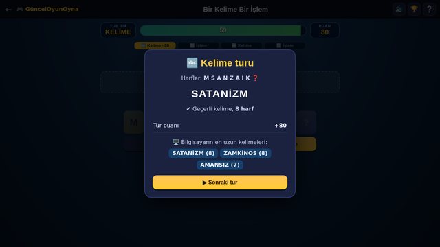 Bir Kelime Bir İşlem oyun sonucu