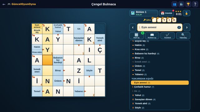 Çengel Bulmaca kolay bölüm, soru kareleri ve oklar