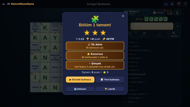 Çengel Bulmaca bölüm sonu, 3 yıldız ve şifre